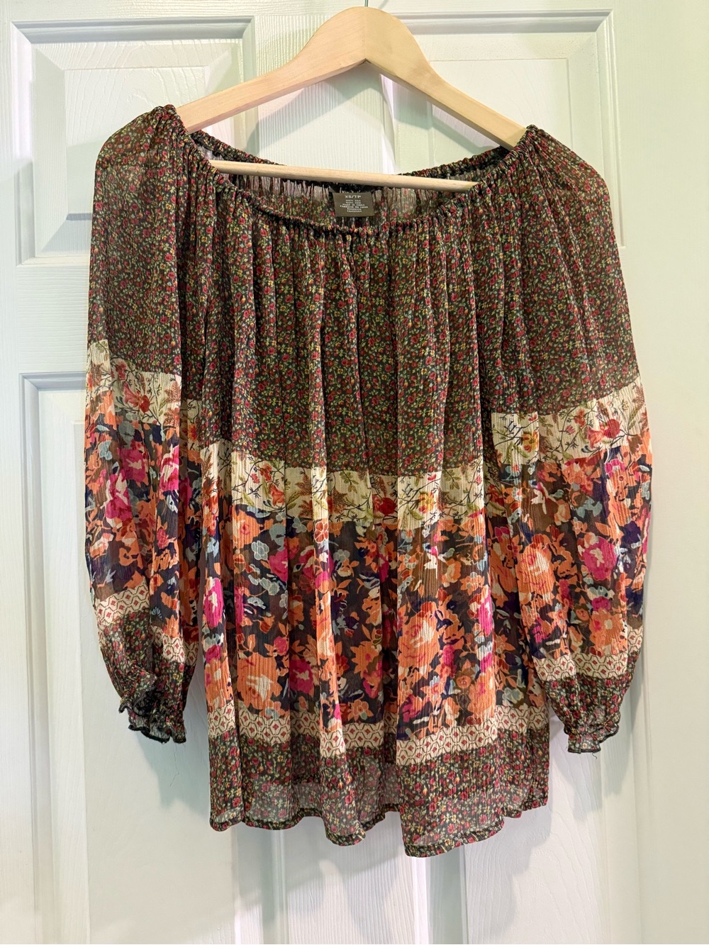 Anthropologie Fei Brand Floral Off-Shoulder Peasant Blouse in Olive Multi